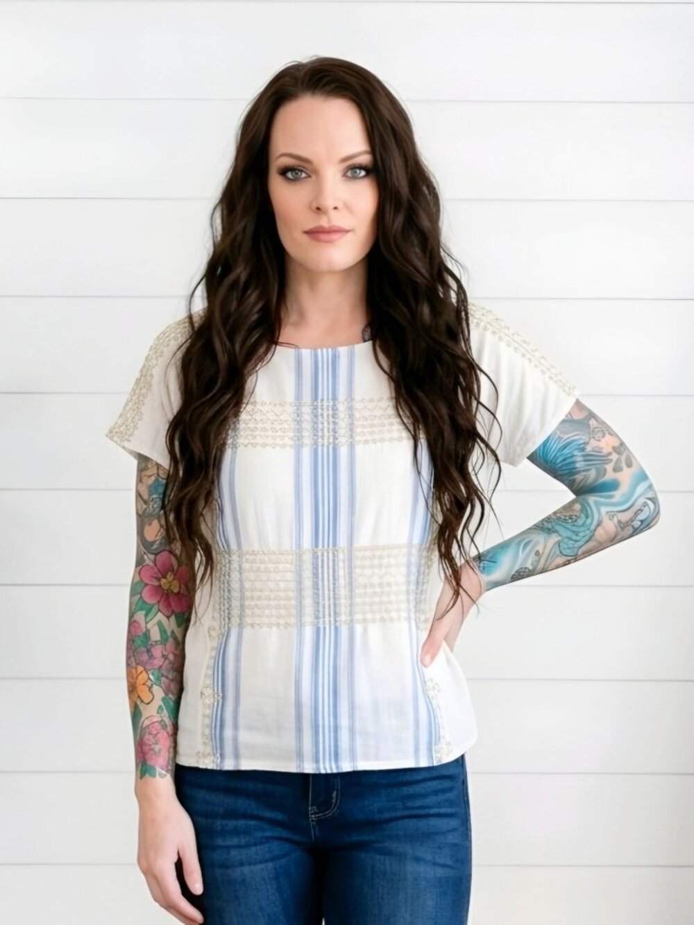 J.Crew ✦ Striped Cotton‑Linen Top ✦ White Blue Gold Embroidered Accents M
